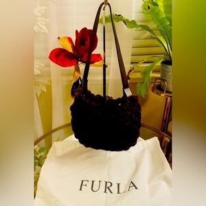 FURLA WOVEN WOOL HANDBAG & Half Moon Black Leather Clutch